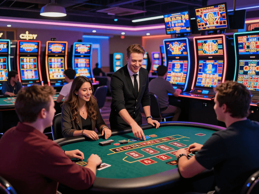 Les joueurs profitent de l'expérience d'un casino en ligne francais avec des lumières vives, des machines à sous et des tables de jeux.