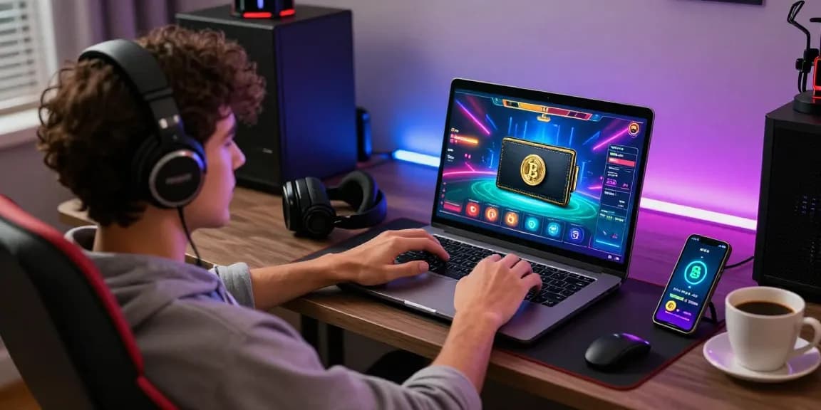 Expérience de casino en ligne avec retrait immédiat affichant un joueur, des graphiques de jeux et un portefeuille crypto.