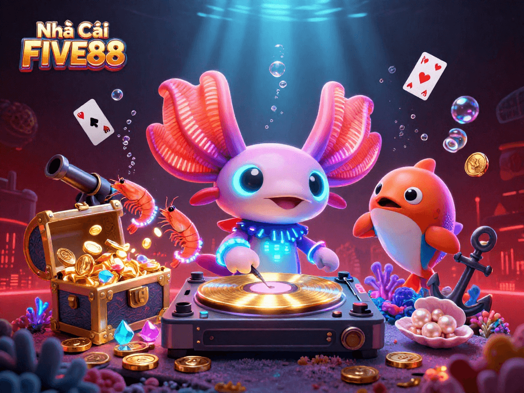 Experience the vibrant energy of Nhà Cái FIVE88 with a neon-colored DJ and colorful sea creatures in this lively underwater casino scene.