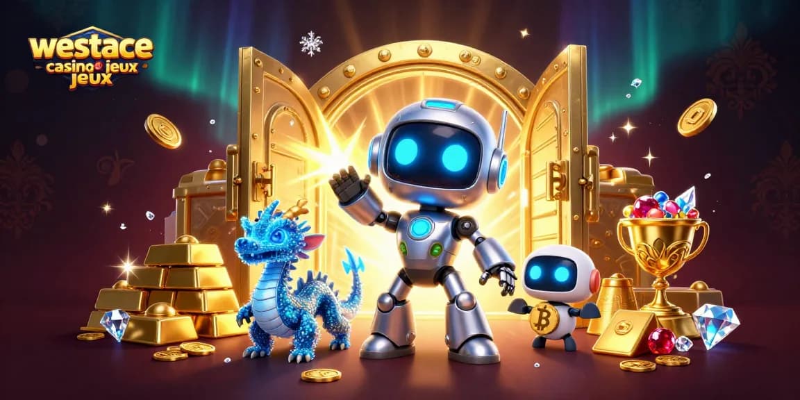 Découvrez les jeux au westace casino jeux avec un robot cyberpunk et un dragon holographique.