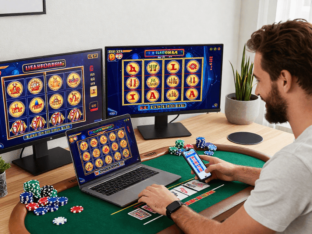 Un joueur en ligne s'amusant sur un casino en ligne avec des jeux variés autour de lui.