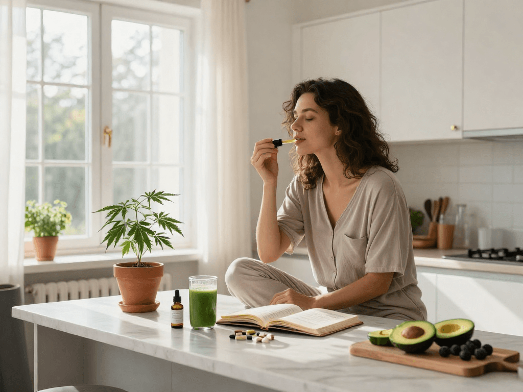 site paris sportif France incluant l'huile CBD naturelle, plantes, et routine bien-être dans une cuisine lumineuse.