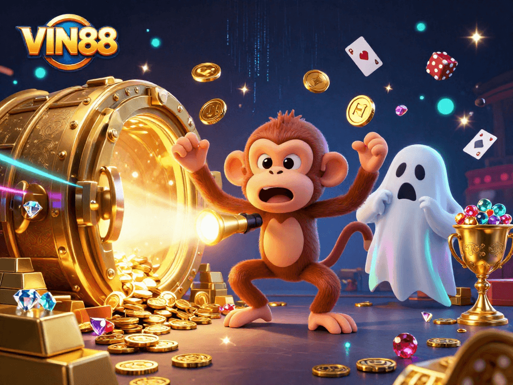 Engage with VIN88's thrilling haunted casino scene featuring a ghostly puppy hunting treasure.