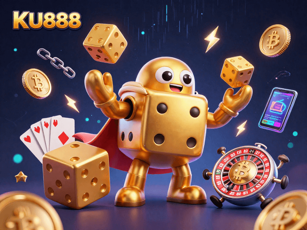 KU888 showcases a vibrant 3D casino scene with animated characters and glowing cryptocurrency elements.