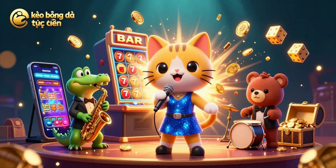 Engage with kèo bóng đá trực tuyến through a vibrant illustration featuring a singing cat, sax-playing crocodile, and drumming bear in a dynamic casino