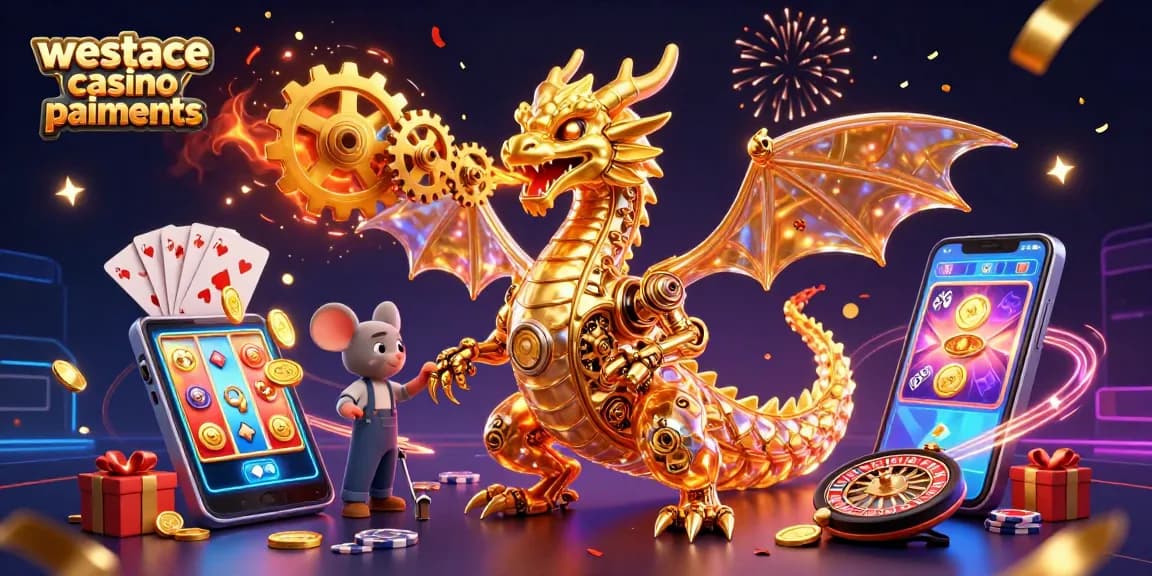 Animation démontrant les paiements du casino WestAce avec une illustration vibrant de jeux d'argent.