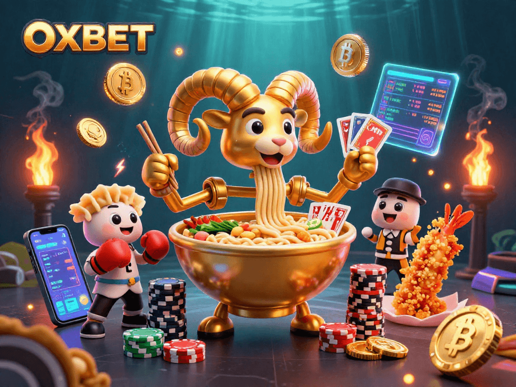 Engage in thrilling moments at OXBET with a vibrant casino-themed illustration depicting dynamic characters and crypto elements.