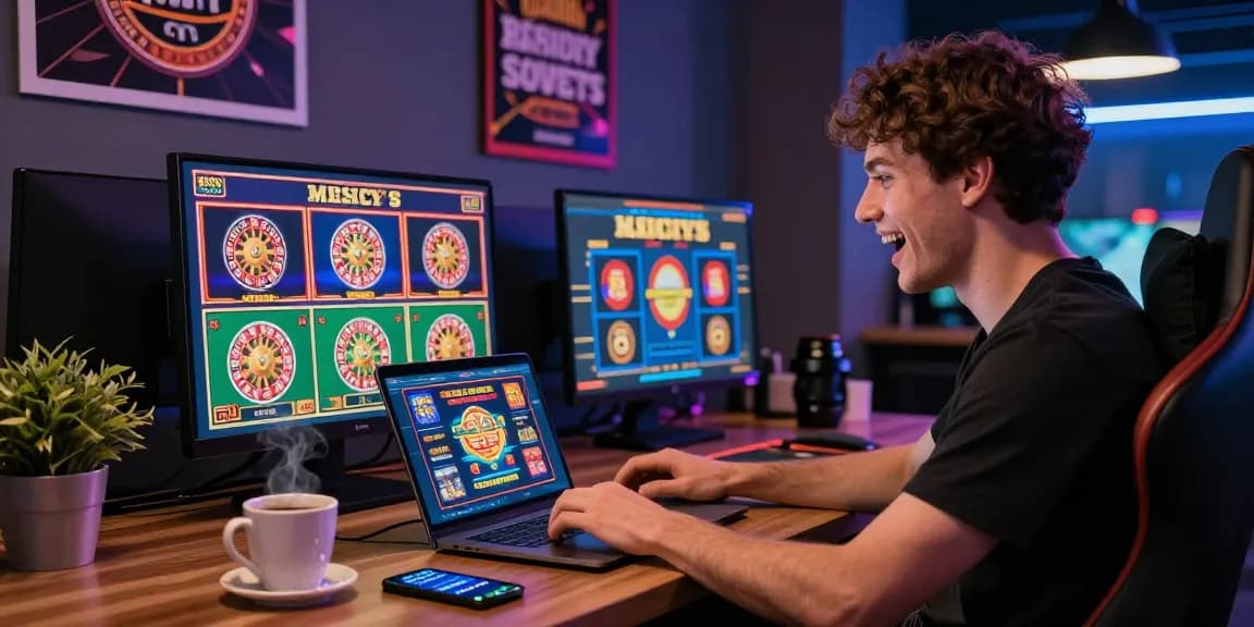 Jeune homme jouant au casino en ligne français sur un ordinateur, ambiance dynamique et engageante.