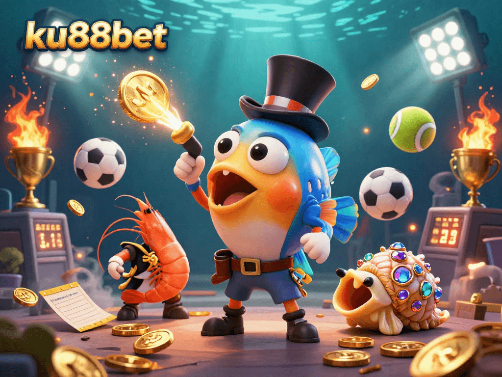ku88bet's vibrant underwater casino scene featuring fantasy sea creatures and dynamic sports elements