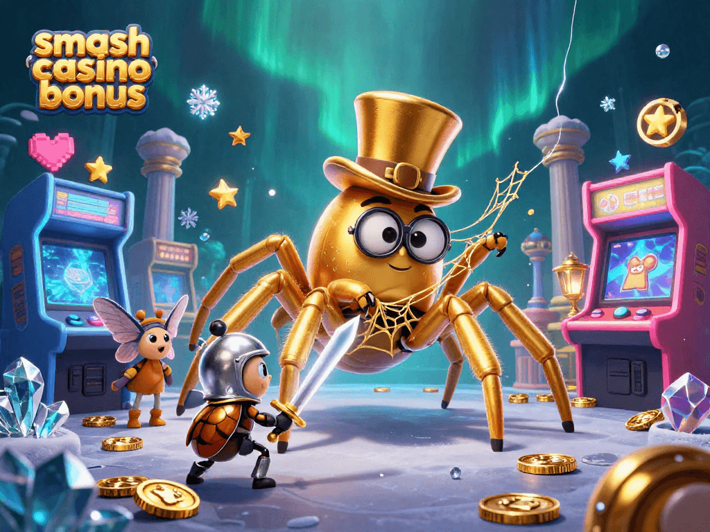 Profitez du smash casino bonus avec des personnages de casino vibrant et colorés dans une scène animée.