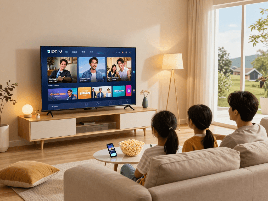 Famille regardant Atlas pro ontv sur Smart TV dans un salon moderne et confortable.