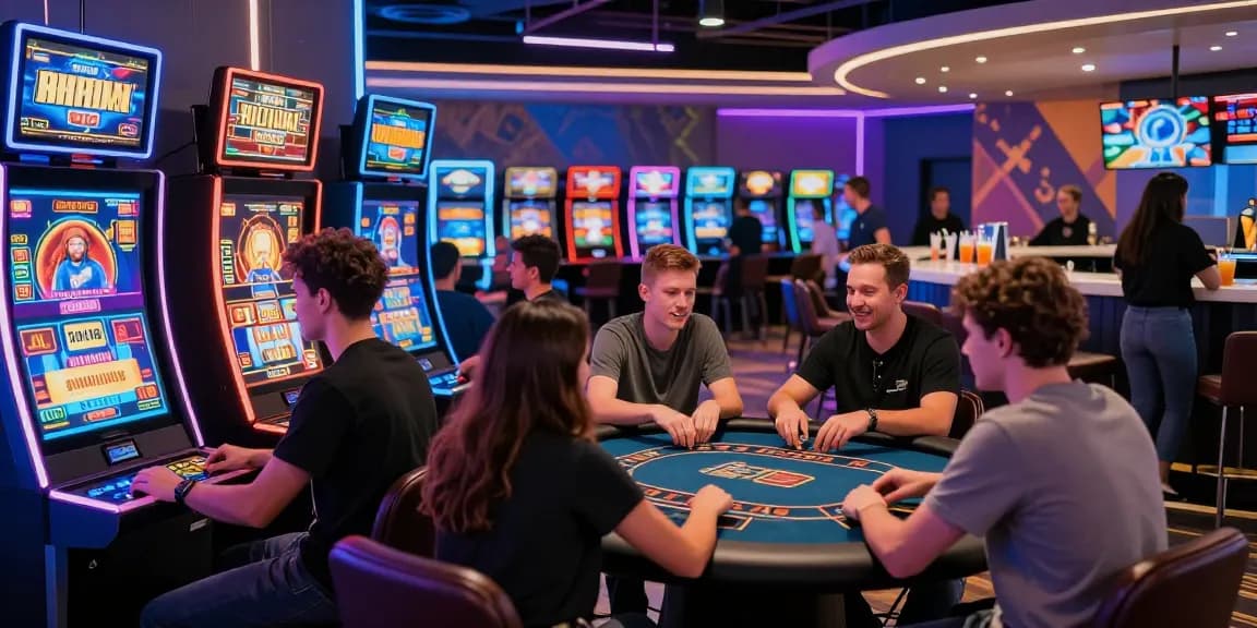 Une scène dynamique de casino crypto illustrant le meilleur casino crypto avec des joueurs engagés autour des machines à sous numériques et à la table de poker, emblématique d'une expérience de jeu moderne et innovante.