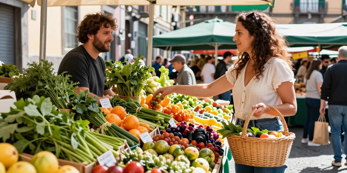 Explorateur culinaire à Naples découvrant lavowin link et produits locaux au marché.