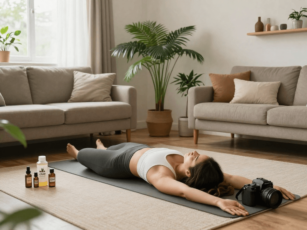 Un moment de bien-être avec du CBD en ligne français, montrant des produits naturels, relaxation et ambiance sereine.