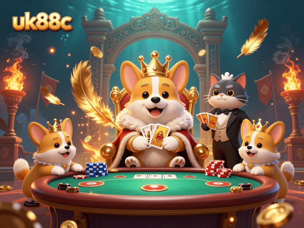 Engage with uk88c's thrilling poker scene featuring royal corgi and golden cards.