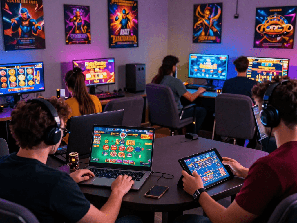 Scène de casino en ligne avec joueurs engagés, jeux variés, ambiance moderne et promotions attrayantes.