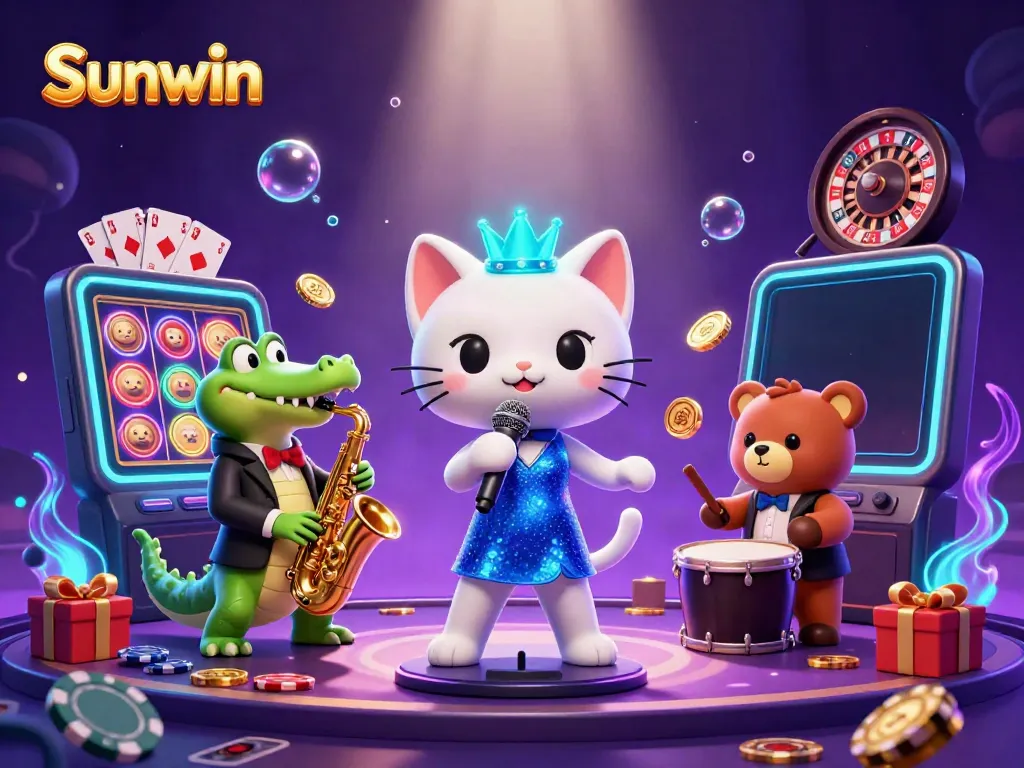 Engage in exciting gameplay at Sunwin with lively characters and dazzling casino elements in this vibrant illustration.