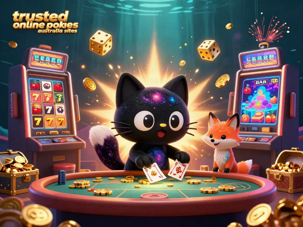 Engage with trusted online pokies Australia sites at a vibrant cosmic casino with a magical black hole cat.