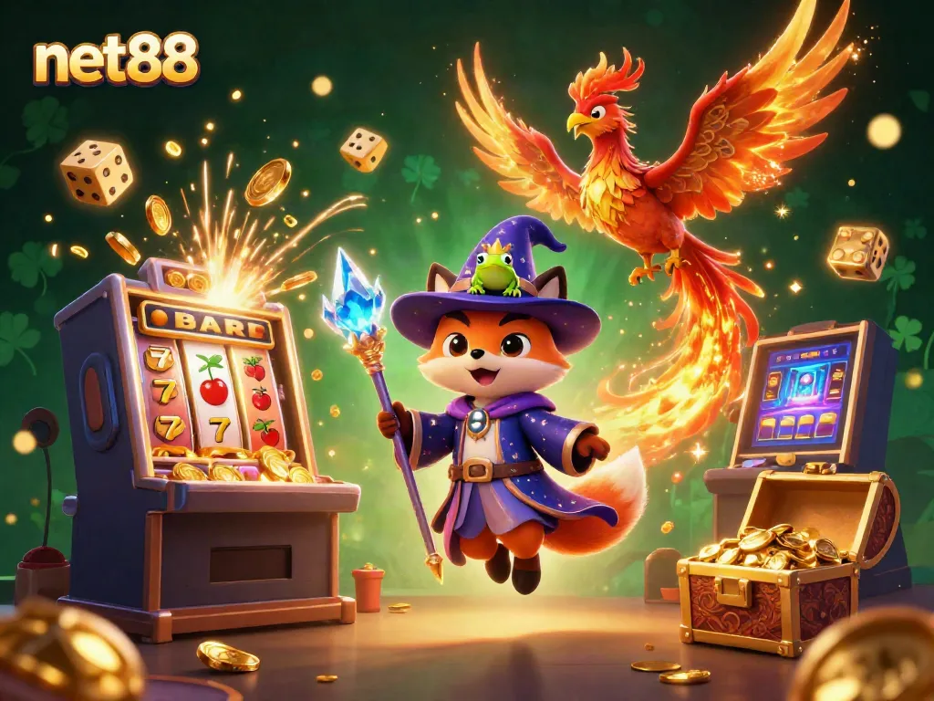 Experience the thrill of net88 with dynamic gaming scenes featuring magical characters and vibrant casino elements.