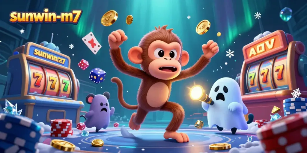 Experience the thrill of sunwin-m7 with a lively ghost-hunter puppy tracking a playful poltergeist monkey in a vibrant casino atmosphere.