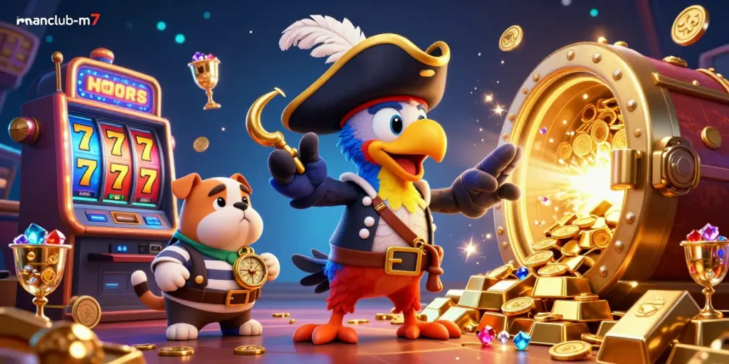 Experience thrilling wins at manclub-m7 with vibrant casino action, featuring animated characters and sparkling gems.