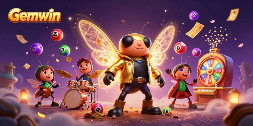 Experience the excitement of Gemwin as a rock star cicada leads a dynamic gambling scene featuring lively elements.