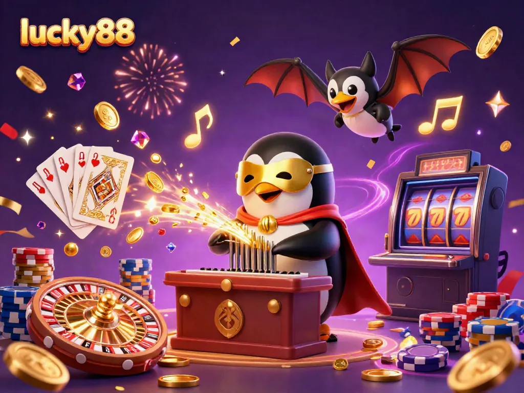 Experience luck at lucky88 with a penguin playing music amidst vibrant casino scenes full of games.
