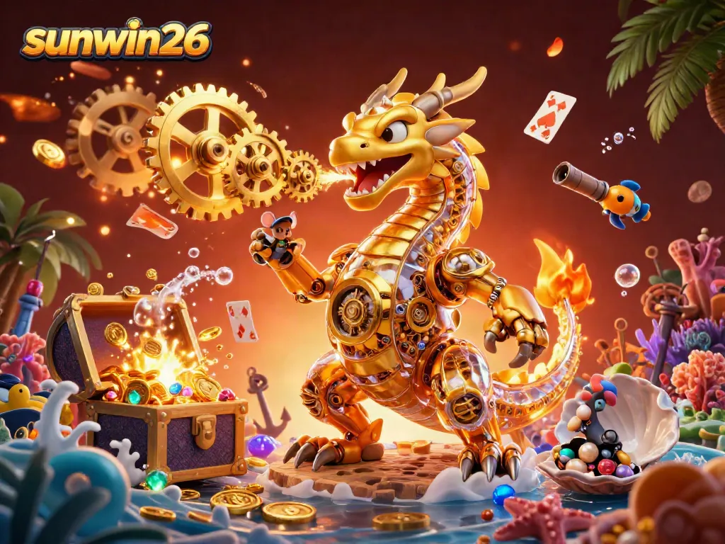 Experience immersive gaming with sunwin26's golden dragon and treasures in a vibrant, energetic scene.