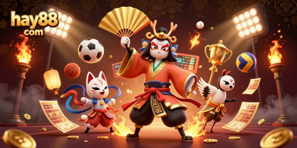 Experience thrilling gameplay at hay88 com with dynamic sports and casino elements in a vibrant 3D illustration.