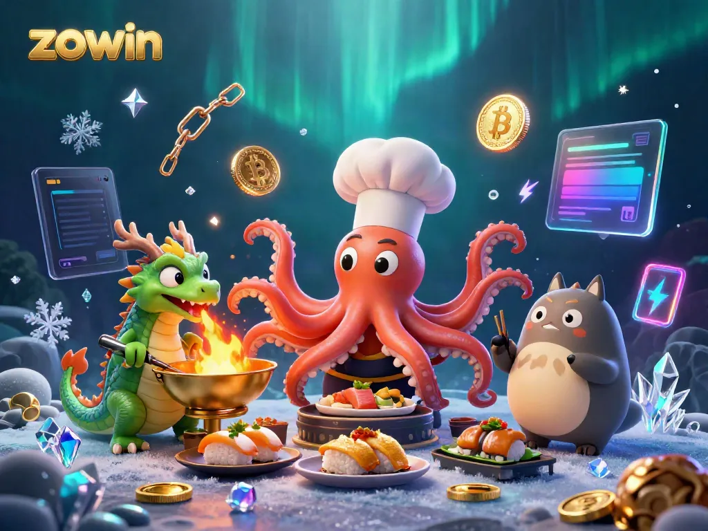 Engage with Zowin's dynamic casino experience featuring vibrant characters and glowing crypto elements.