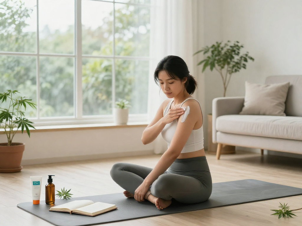 Routine de bien-être avec CBD dans un salon lumineux, crème CBD, produit naturel, expérience sereine pour casino en ligne francais