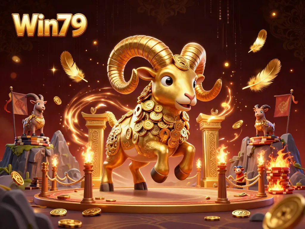 Win79 showcases a vibrant 3D casino scene with a golden ram charging at a decorative gate.