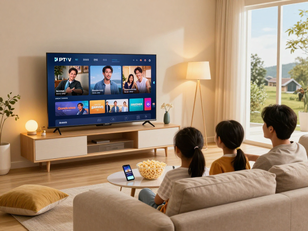 Famille regardant Atlas pro ontv sur Smart TV dans un salon moderne et confortable.