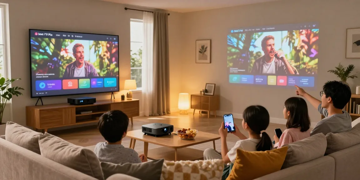 Famille profitant d'Iron tv pro en streaming sur plusieurs appareils dans un salon confortable.
