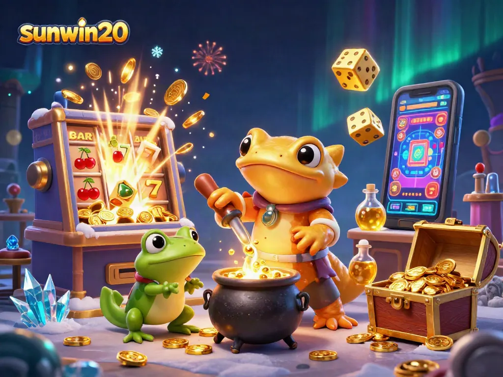 Engage with sunwin20 and spin lucrative slots surrounded by enchanting gold alchemy in a vibrant scene.