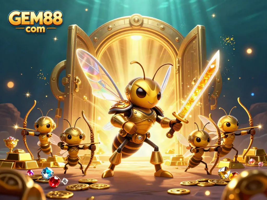 Experience thrilling gameplay at GEM88 com with a dynamic illustration of a samurai hornet and treasure elements.