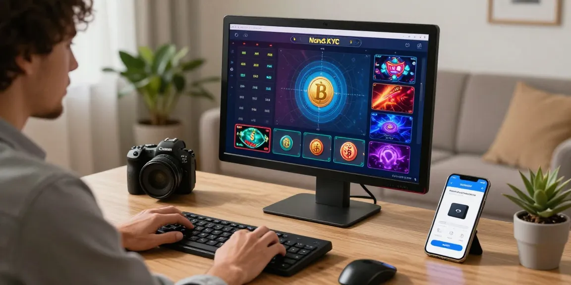 Comparatif casino sans KYC : joueur dans un bureau à domicile jouant à des jeux numériques avec un smartphone et un ordinateur.