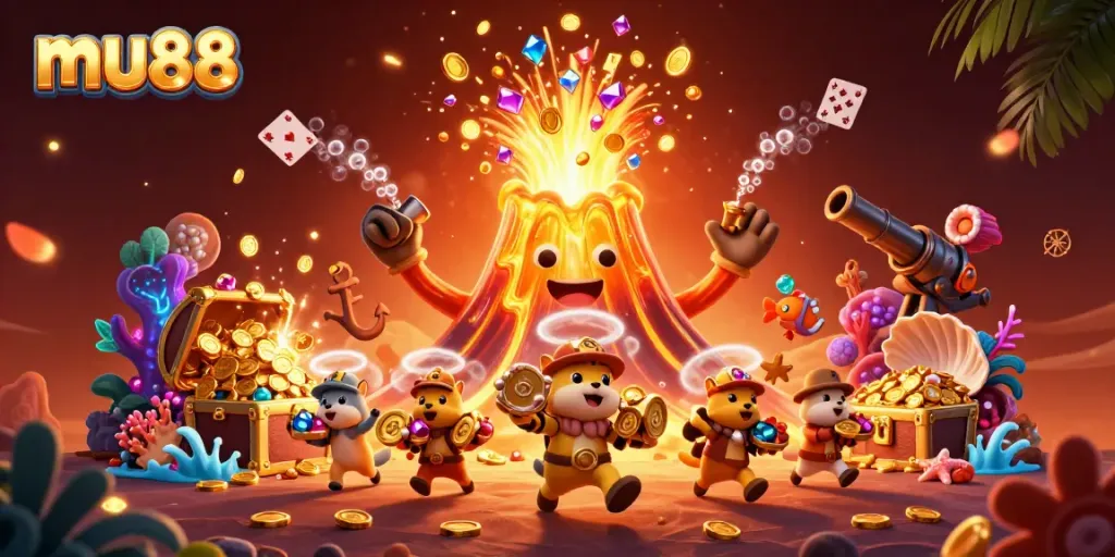 Experience exciting rewards at mu88 with a triumphant treasure volcano and lively explorer animals.
