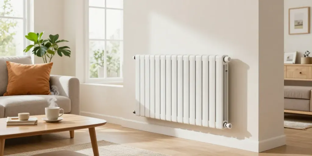 Radiateur à inertie sèche moderne dans un salon élégant et lumineux.