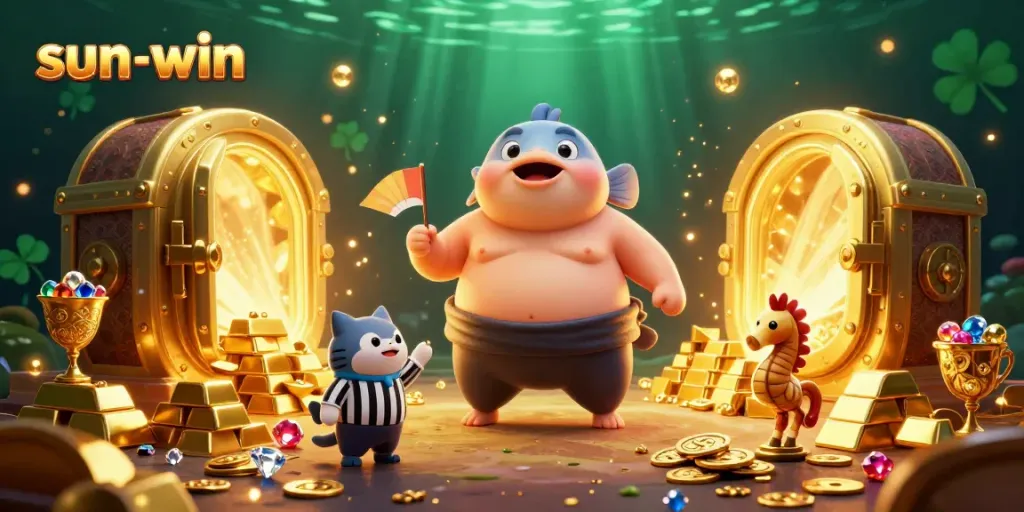 Experience the exciting world of sun-win with a thrilling underwater casino illustration featuring vibrant characters and treasure elements.