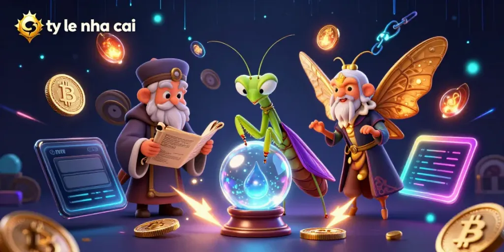 Capture the essence of betting with ty le nha cai, featuring mystical characters, glowing crypto elements, and a rich celestial backdrop.