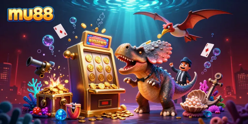 MU88 slot machine scene featuring a dinosaur and casino characters in a vibrant underwater setting.