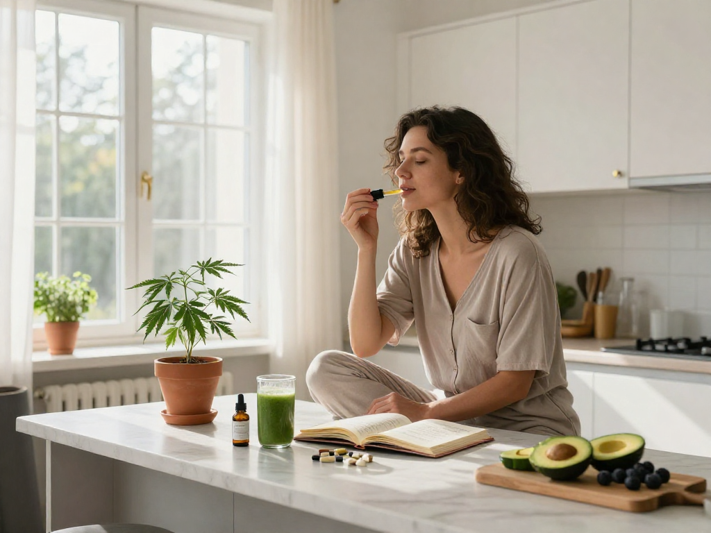 site paris sportif France incluant l'huile CBD naturelle, plantes, et routine bien-être dans une cuisine lumineuse.