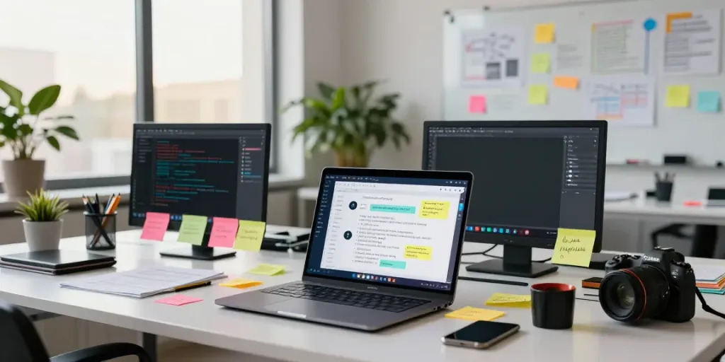Dynamic workspace illustrating a user engaging in unfiltered AI chat, showcasing creativity and modern technology.
