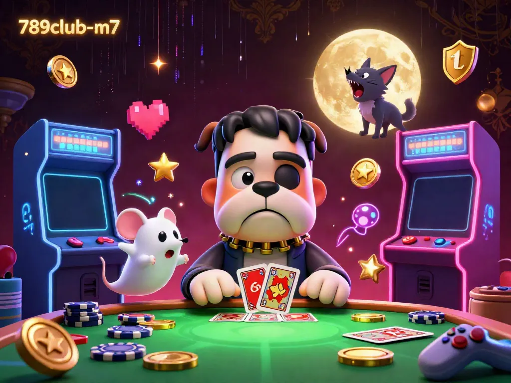 Join the excitement at 789club-m7 with a vivid casino scene featuring a monster dealer, ghost mouse, and playful kitten.