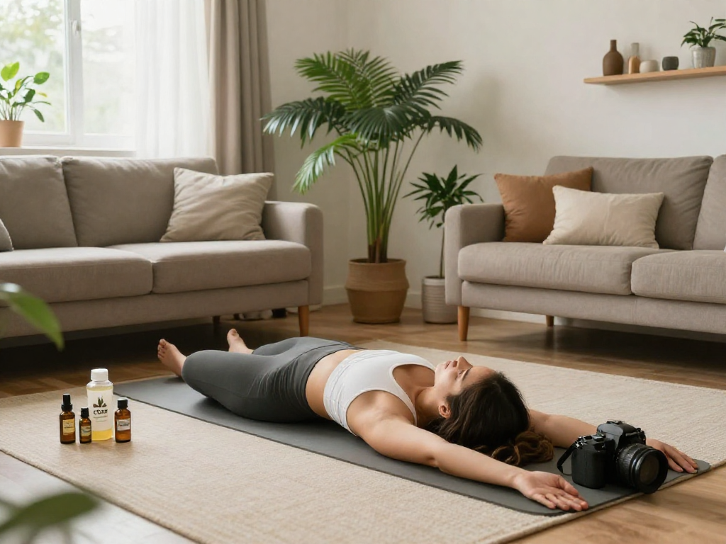 Un moment de bien-être avec du CBD en ligne français, montrant des produits naturels, relaxation et ambiance sereine.