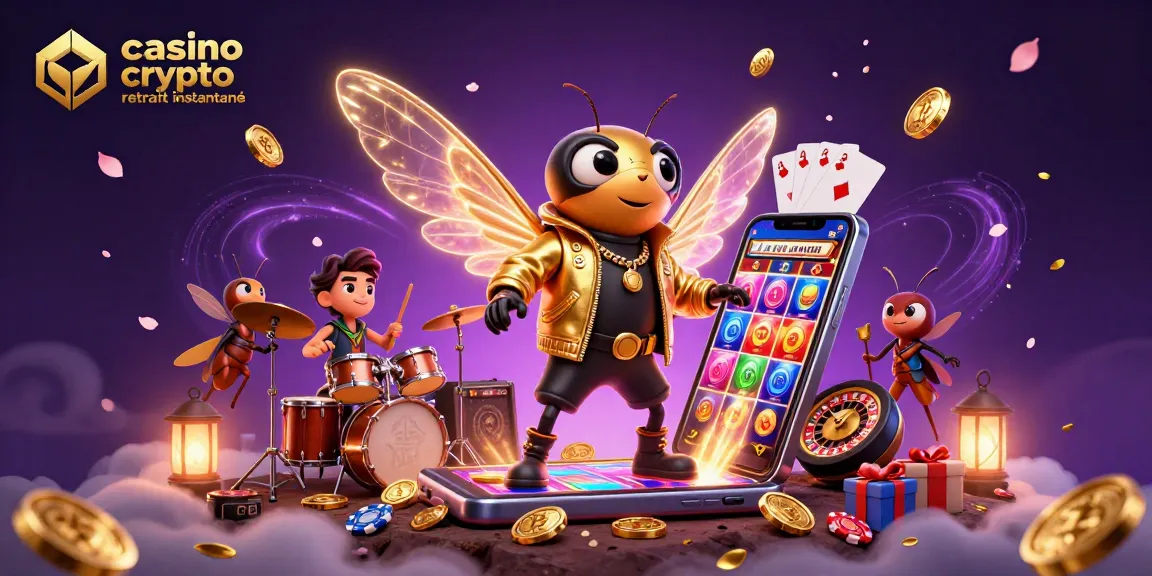 Illustration accrocheuse représentant le casino crypto retrait instantané, avec une rock star et des pièces de monnaie virtuelles.