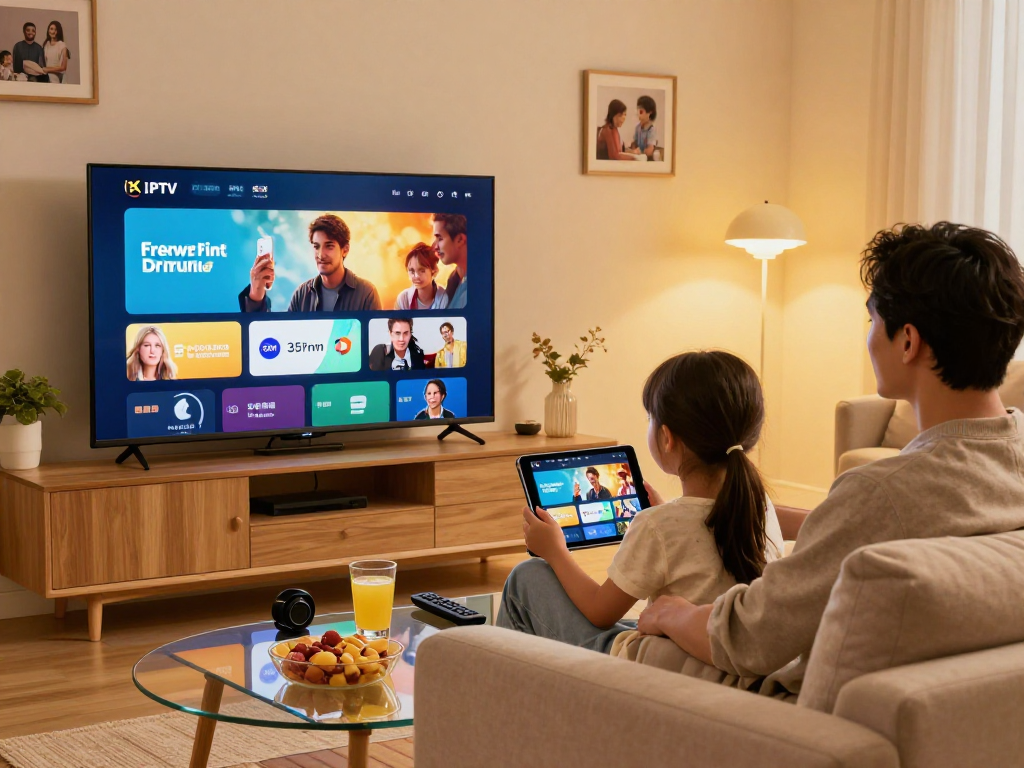 Utilisateurs d'Atlas pro profitant de leur service IPTV dans un salon chaleureux.