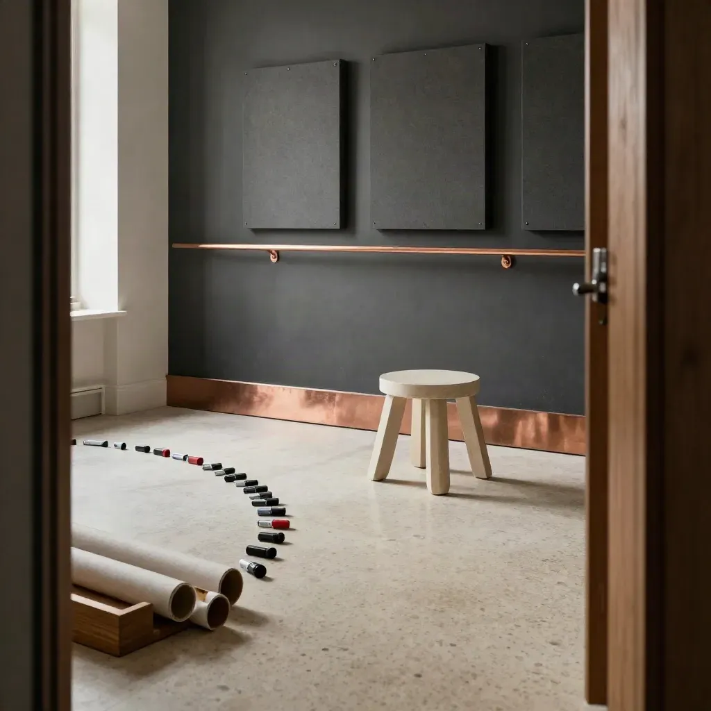 Atelier réorganisé, tabourets modulaires, tubes de papier et panneaux acoustiques dans une lumière chaude.