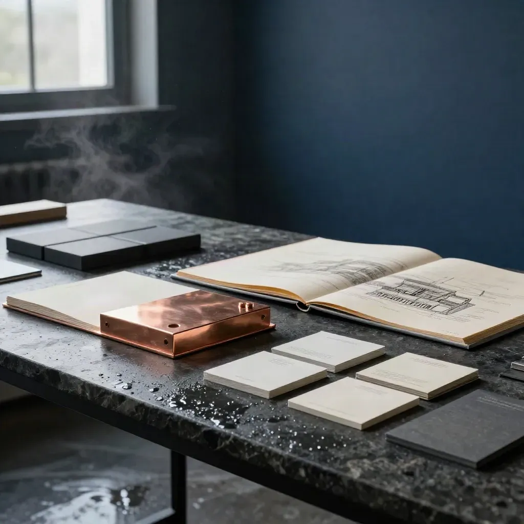 Table de conseil stratégique avec folio crème, maquette et détails cuivre dans une lumière matinale.